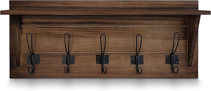 HBCY Creations Rustic Brown Solid Wood Wall Mounted Coat Rack with Shelf, 5 Hooks, 24" Long - Kitchen, Mudroom, Entryway, Bathroom - Includes Mounting Hardware, Coat Hanger, Dog Leash Hooks