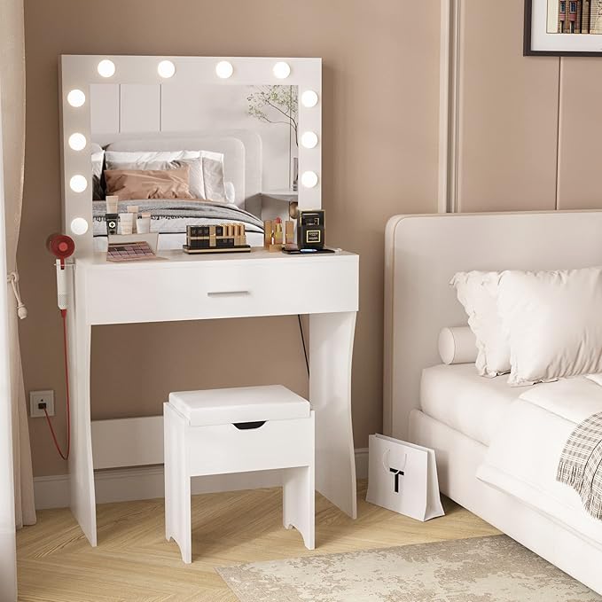 Vanity Table Set with Lighted Mirror - Makeup Vanity with Charging Station, Large Drawer Sturdy Wood Vanity with Lights, 3 Color Modes, Adjustable Brightness, White
