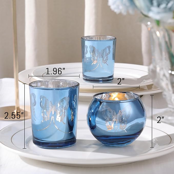 Blue 12 PCS Combination Tea Lights Candle Holder Decorative with Butterfly Pattern, Votive Candle Holders for Wedding, Birthday, Anniversary, Parties, and Holiday Decorations
