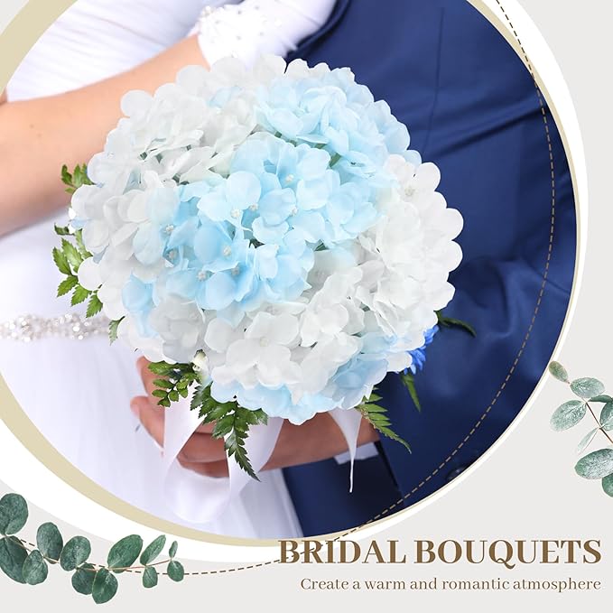 Zeyune 100 Pcs Hydrangea Artificial Flowers, Silk Flower Heads with Stems, Fake Hydrangea Bouquet for Wedding Arch Centerpiece DIY Floral Home Decoration (White and Blue)