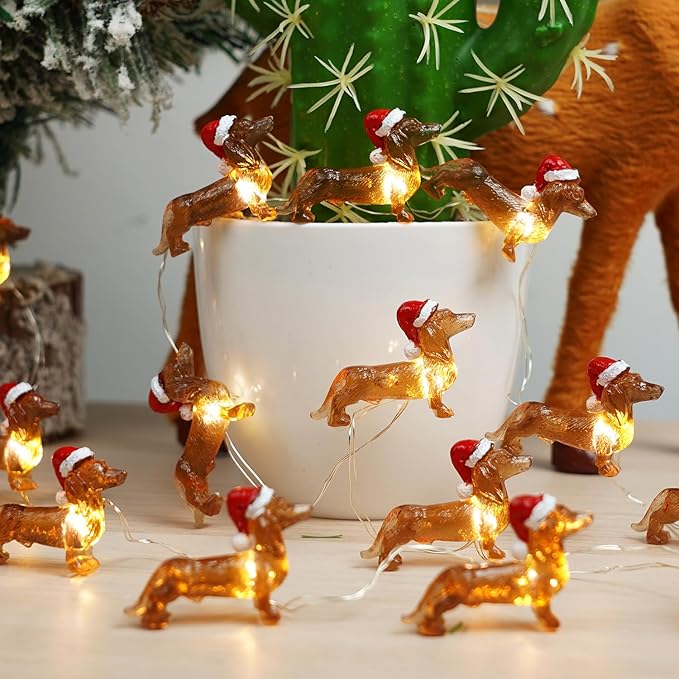 BOHON Dachshund Christmas Lights 10ft 30 LEDs Weiner Dog Christmas Decorations Fairy String Lights Battery Operated Dachshund Gift for Indoor Party Tree Puppy Pet Themed Ornament with Remote