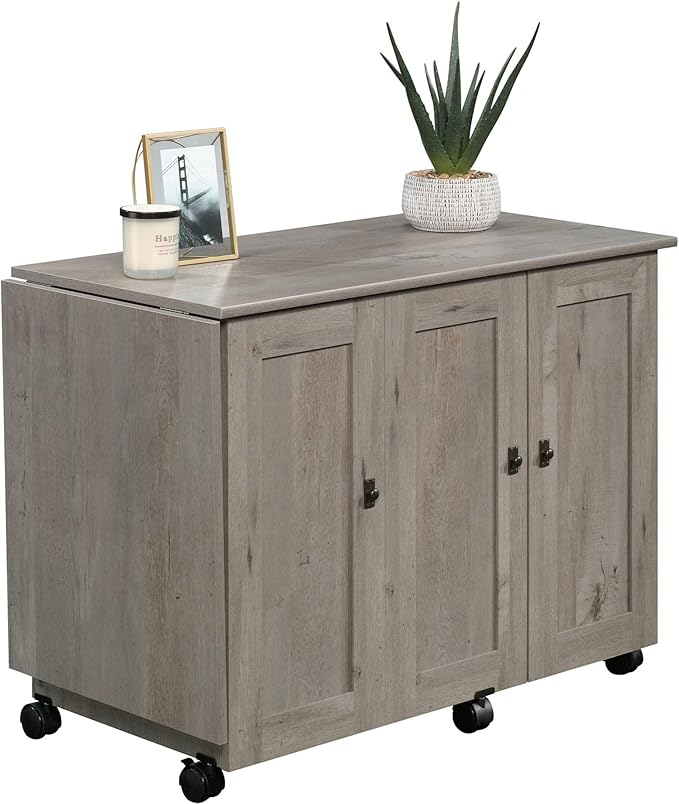 Sauder Craft Cart Storage Cabinet, Rolling Sewing Table with Expandable Top, Mystic Oak