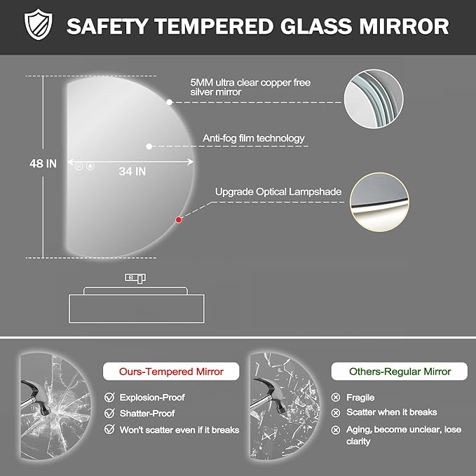 48"×34" LED Bathroom Mirror with Lights, Large Lighted Half Circle Bathroom Mirror-with Backlit, 3 Colors, Dimmable, Anti Fog, Shatter-Proof Modern Decor Vanity Mirrors