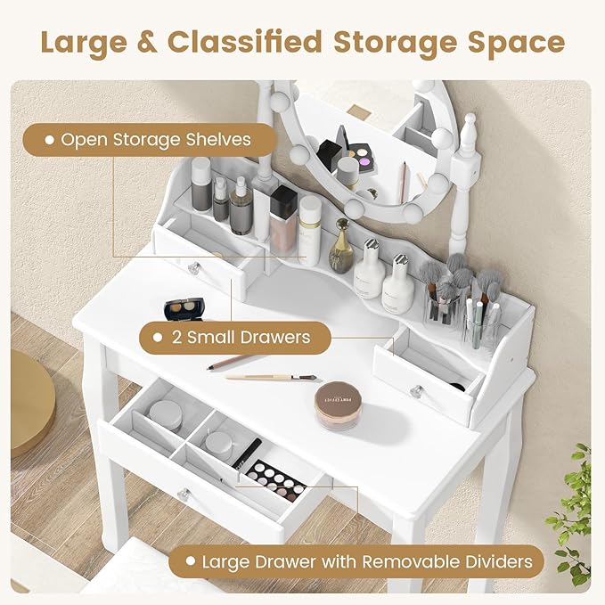 CHARMAID Girls Makeup Vanity Desk with Lights, Vanity Table with Lighted Mirror, 3 Lighting Modes, Adjustable Brightness, Modern Makeup Table with 3 Drawers and Stool for Small Space (White)