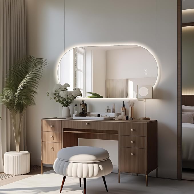 48"x24" Oval Led Mirror for Bathroom, Frameless Vanity Mirror with Lights, Modern Lighted Bathroom Mirror Wall Mounted, Anti Fog Smart Mirror with 3 Colors Dimmable, Vertical/Horizontal