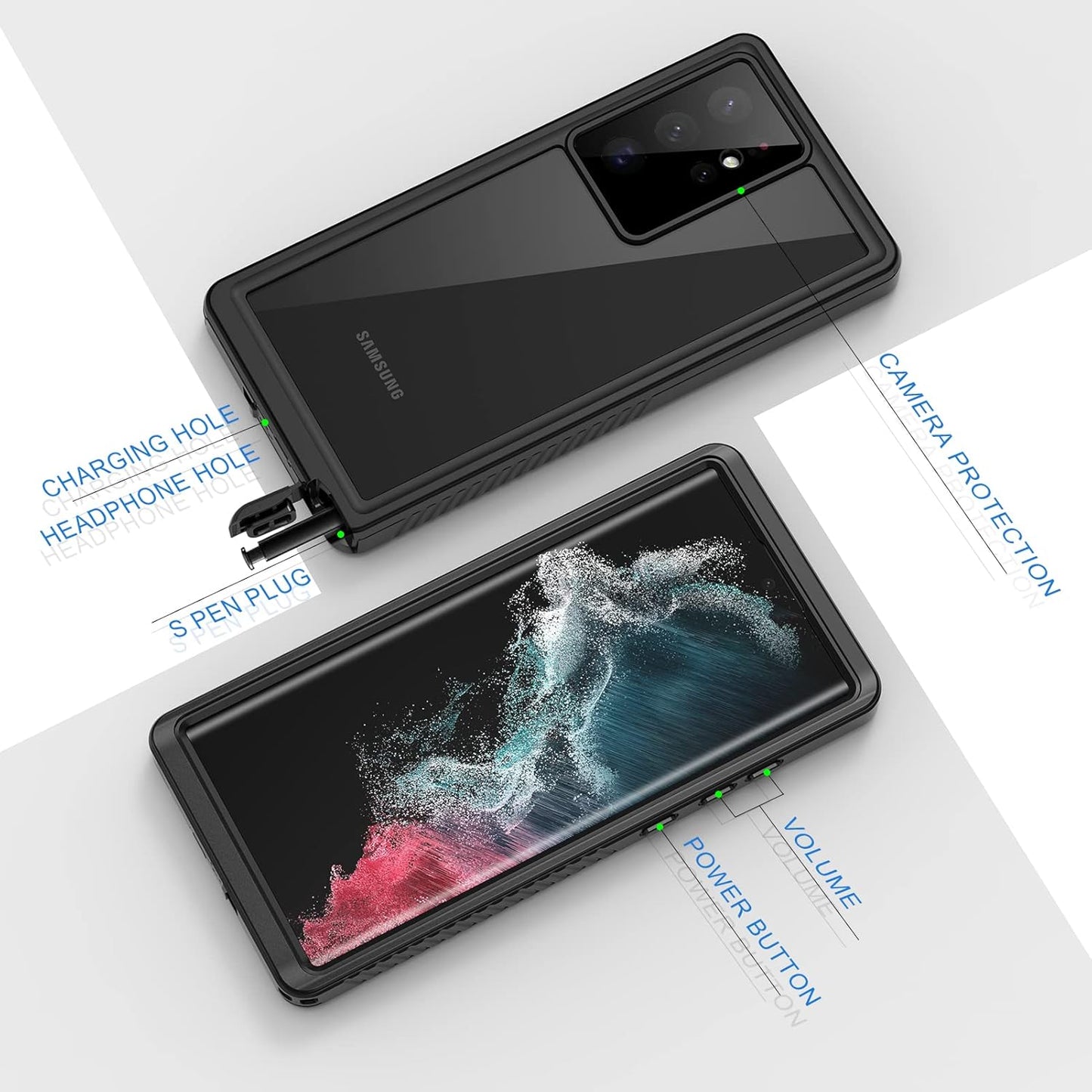 Lanhiem IP68 Waterproof Dustproof Case for Samsung Galaxy S22 Ultra, Built-in Screen Protector, Heavy Duty (Black/Clear)