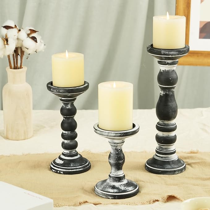 Wood Pillar Candle Holder: 3Pcs Rustic Candle Holders for Pillar Candles Wood Candle Holders Distressed Wooden Farmhouse Large Candle Holder for Fireplace Table (Black, 6", 8", 12")