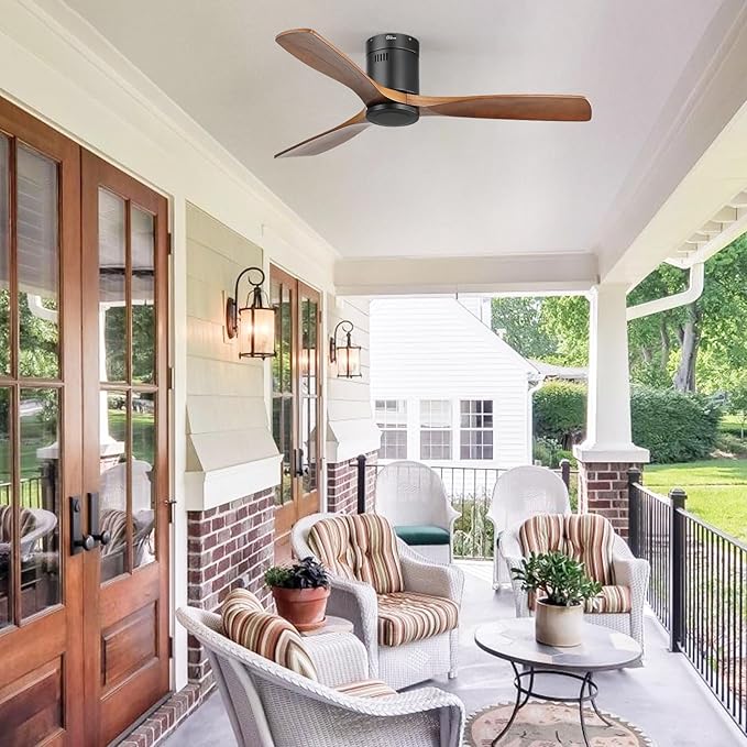 Sofucor Ceiling Fan No Light, 52 Inch Flush Mount Ceiling Fan With Remote Control, Indoor/Outdoor Ceiling Fans Without Lights, Reversible DC Motor, 3 Blade Solid Wood Ceiling Fans for Bedroom Patio