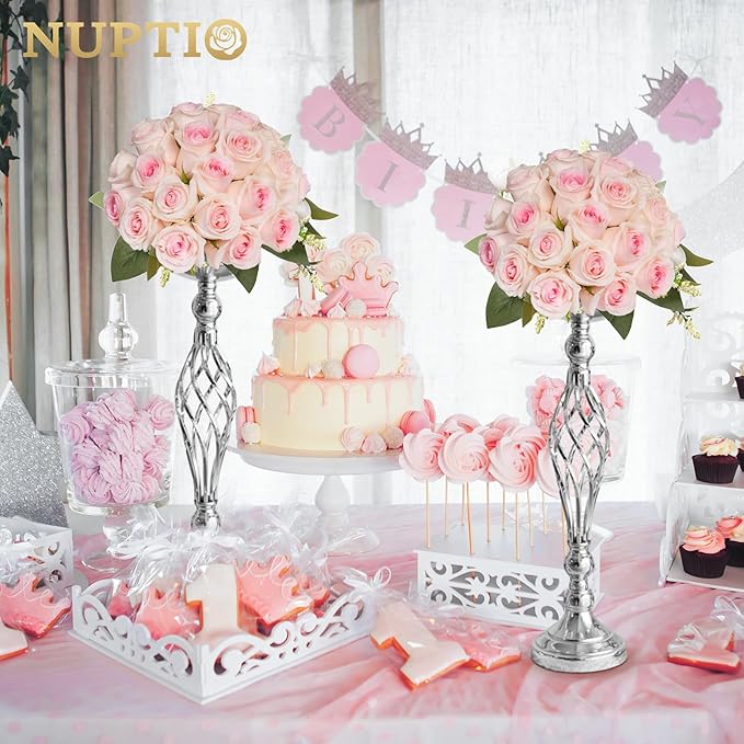 Set of 2 Versatile Silver Flower Arrangement Stand & Pillar Candle Holder Set for Wedding Party Dinner Centerpiece Event Restaurant Hotel Decoration (Silver, 2 x M)