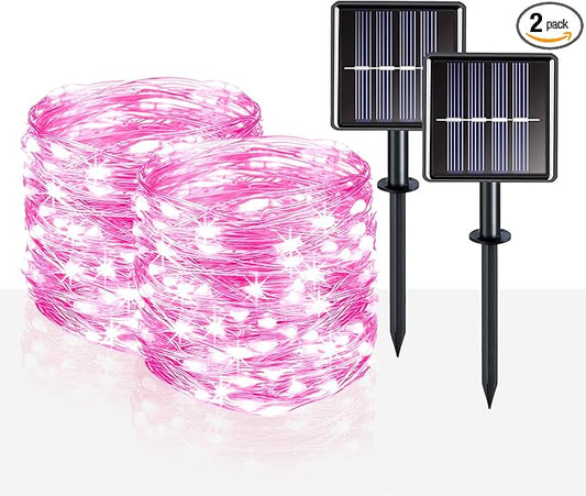 suddus Pink Solar String Lights for Outside, 2 Pack Total 66ft 200 Led Pink Fairy Light Outdoor, 8 Modes Solar Twinkle Light for Halloween Decor, Fence, Patio, Yard, and Party