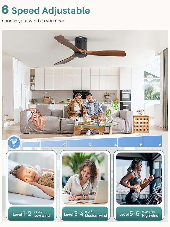Sofucor 52 Inch Smart Ceiling Fan Without Lights Flush Mount Solid Wood Ceiling Fan with Alexa/Google Assistant/APP/Remote Control-Modern Outdoor Ceiling Fans No Light for Bedroom/Patio, Brown Black