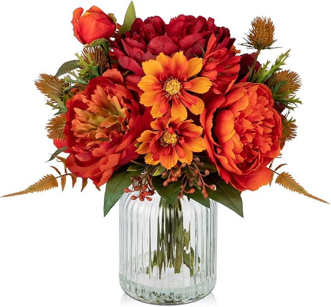 Peony Fake Fall Flowers in Vase Fall Table Centerpiece Faux Floral Arrangements Centerpiece Autumn Artificial Flowers with Vase Fall Flower Centerpieces for Tables Orange Silk Flowers in Vase