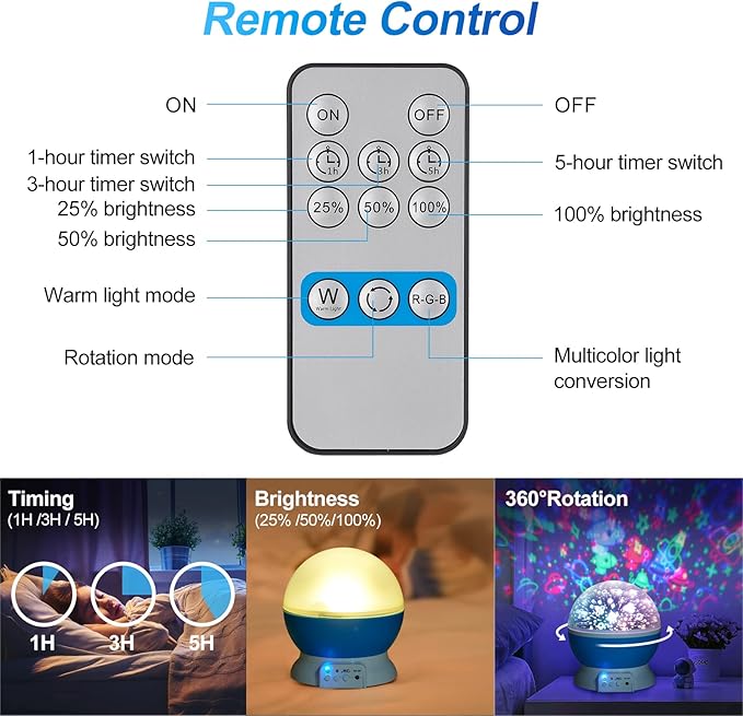 Christmas Baby Night Lights with Remote Control,Moon Projector 360 Degree Rotation - 4 LED Bulbs 8 Color Changing Light, Romantic Night Lighting Blue