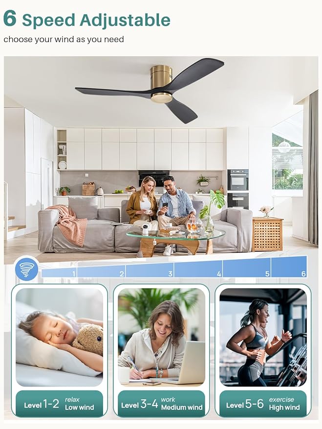 Sofucor 52 Inch Solid Wood Ceiling Fan Without Lights Flush Mount Ceiling Fans with Remote Control-Wood Blades Modern Outdoor Ceiling Fan No Light for Bedroom/Farmhouse/Patio/Indoor, Black Gold
