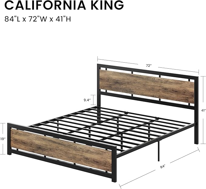 LIKIMIO California King Bed Frame with Headboard and Footboard, Metal Strong Supports, Easy Assembly, Noise-Free, No Box Spring Needed, Walnut