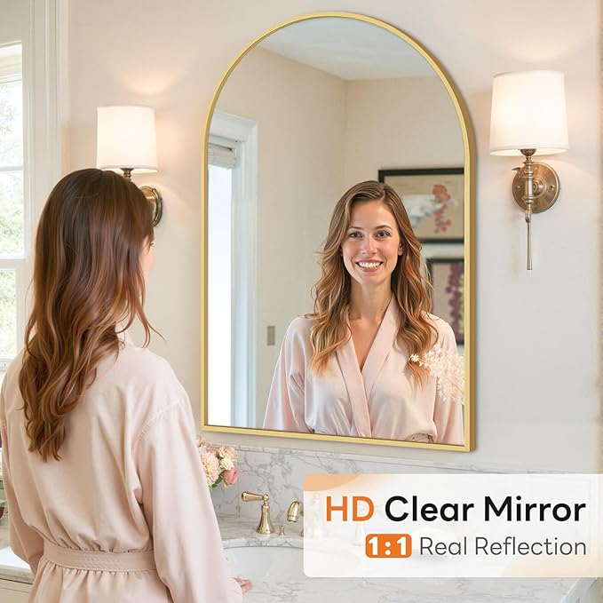 Sweetcrispy Arched Bathroom Mirror 38x26 Inch Gold Metal Framed Arch Vanity Mirror for Wall, Over Sink, Farmhouse, Restroom, Anti-Rust, Modern Decorative, Hanging or Leaning