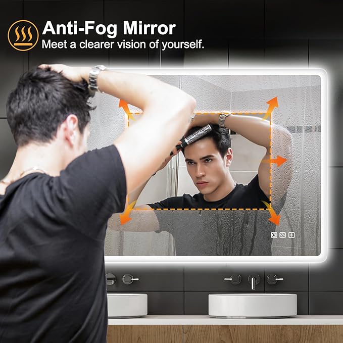 S'bagno 32"x24" LED-Lighted-Bathroom-Mirror, Wall-Mounted-Dimmable-Vanity-Mirror, Bluetooth Speaker Anti-Fog Waterproof Smart Touch Button 3 Colors Bathroom-Lighted-Mirror, Vertical/Horizontal
