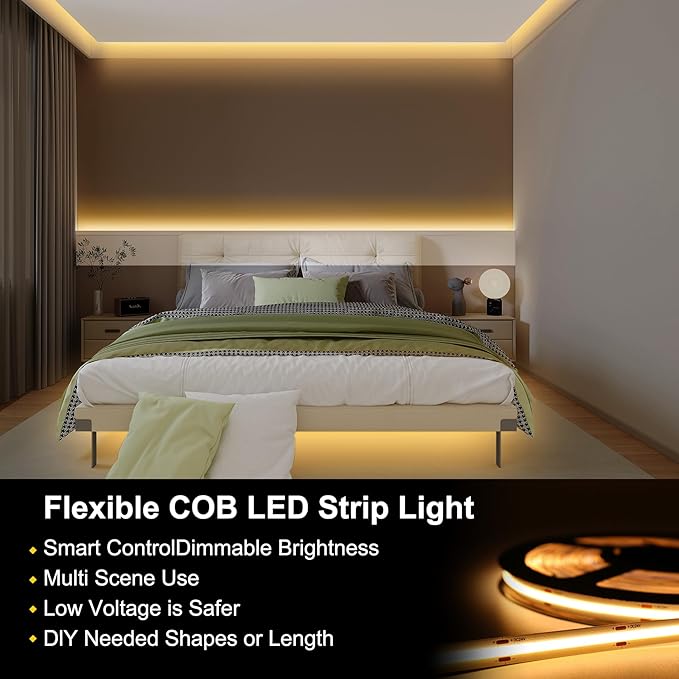 COB LED Strip Lights Warm White,24V Dimmable led Light Strip KIT with Remote and app Control,3000K 50FT/15m 8mm Wide Ra>90 Cuttable Flexible Strip Lights for Bedroom,Shelf,Cabinet