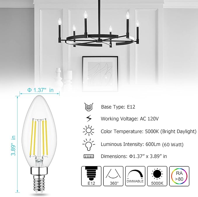 Cotanic Dimmable E12 Candelabra LED Bulb 5000K Daylight 60W Equivalent, Ceiling Fan Light, Type B Candle C35 Filament Chandelier Clear Glass, 600LM, 6 Pack