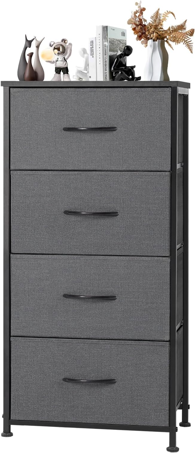 DUMOS Dresser for Bedroom 4 Drawers, Tall Fabric Closet Chests Organizer Tower Furniture with Wooden Top Metal Frame for Nursery, Living Room, Closet, Grey
