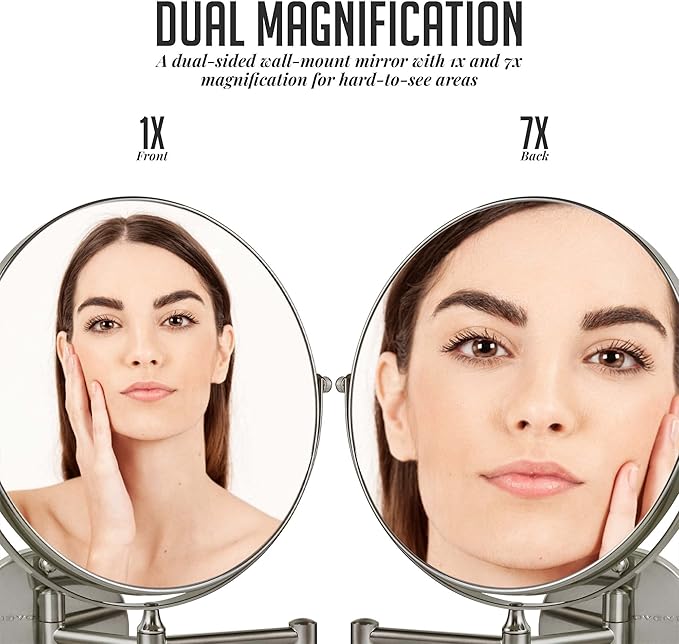 OVENTE 9" Wall Mounted Makeup Mirror with 1X/7X Magnification, Double Sided Magnifying Round Bathroom Vanity Mirror, 360° Swivel Design, Extendable and Folding Arm, Nickel Brushed MNLFW90BR1X7X