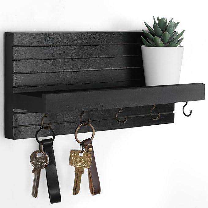 Decorative Key Holder for Wall with Shelf, Entryway Shelf with Hooks Holds Leashes, Jackets and Glasses – Sturdy Wood Keyholder Entrance Hanger with Mounting Hardware (Black, Medium)
