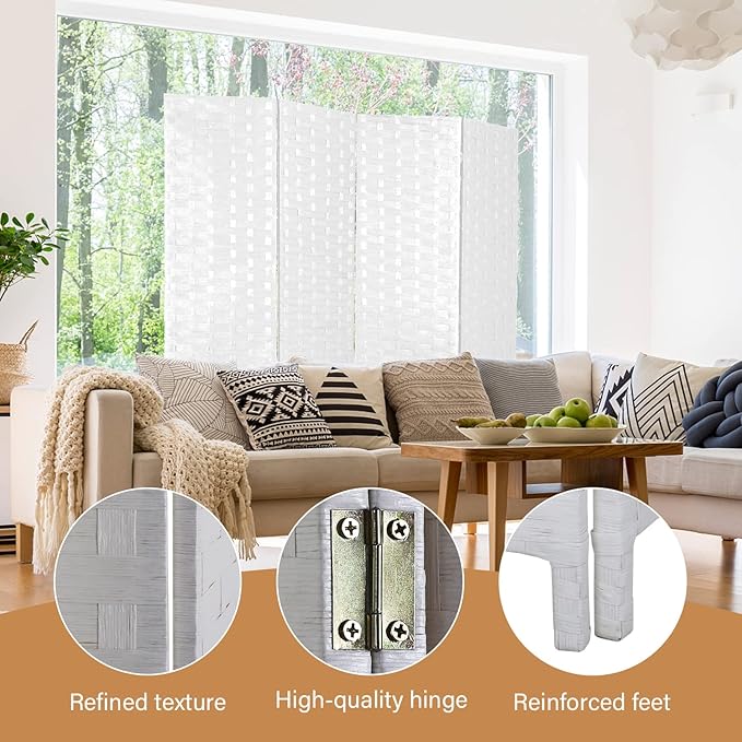 Room Divider Wood Screen Wood Mesh Woven Design Room Divider Folding Portable Partition Screen for Home Office (4 Panel, White)