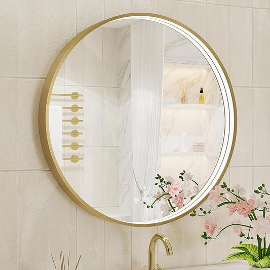 28 Inch Round LED Bathroom Mirror, Gold Metal Framed Lighted Mirror for Bathroom, Wall Mouted LED Vanity Mirror with Lights, 3 Colors and Stepless Dimmable, Anti-Fog, Memory