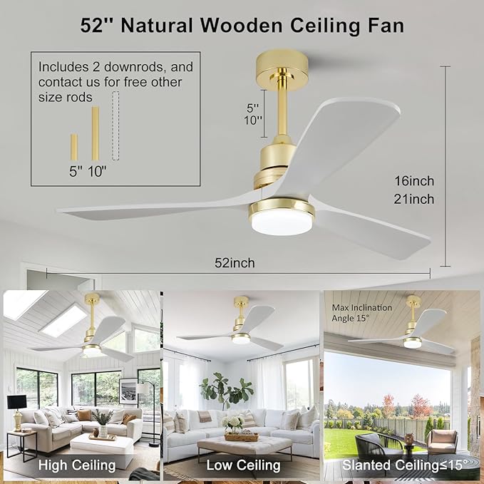 BOJUE 52 Inch Gold Ceiling Fans with Lights and Remote, Dimmable LED Light, Modern Solid Wood Ceiling Fan with Light for Indoor/Outdoor Farmhouse, Bedroom, Patio - Gold Finish and White Blades