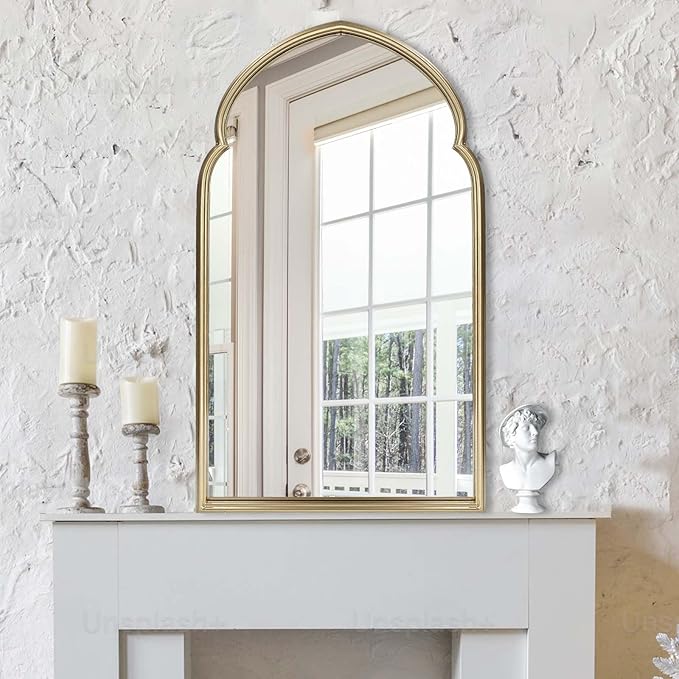 ironsmithn Arched Wall Mirror, Gold Bathroom Mirror, Wall Mounted Decorative Mirror, 38" x 22" Modern Art Oblong Mirror for Master Bath Half Bath Living Room Bedroom Fireplace Entryway