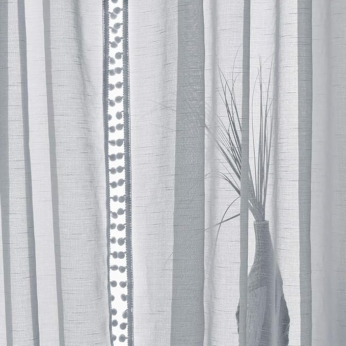 Treatmentex Grey Sheer Window Curtains for Living Room 95 inches Pom-Pom Canopy for Children Bedroom Rod Pocket 2Pack
