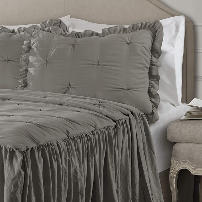 Lush Decor Ravello Pintuck Ruffle Skirt Bedspread Set - Luxe 3 Piece Ruffled Bedding Set - Traditional Glam & Farmhouse Inspired Bedroom Decor - King, Dark Gray