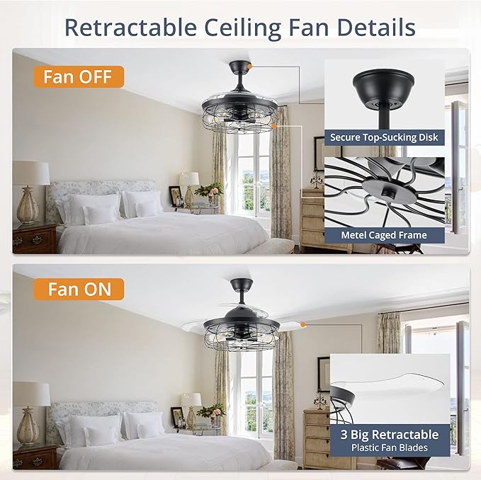 LEDIARY 42" Retractable Ceiling Fans with Lights, Farmhouse Industrial, Caged Fandelier Ceiling Fans with Remote, 6 Wind Speeds,Invisible Blades