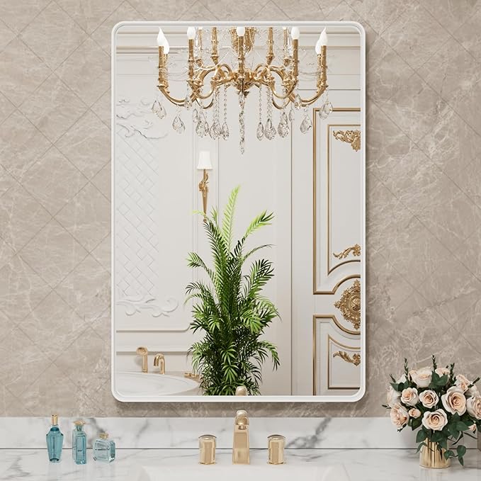 LOAAO 24x36 Inch White Metal Framed Bathroom Mirror for Wall, White Bathroom Vanity Mirror Farmhouse, Large Rounded Rectangle Mirror, Anti-Rust, Hangs Horizontally or Vertically