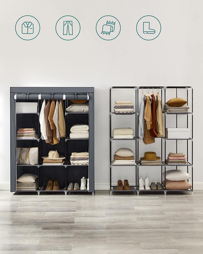 SONGMICS Portable Closet, Clothes Storage Organizer with 10 Shelves, 1 Clothes Hanging Rail, Non-Woven Fabric Closet, Metal Frame, 51 x 17.7 x 66.1 Inches, Grey URYG93G