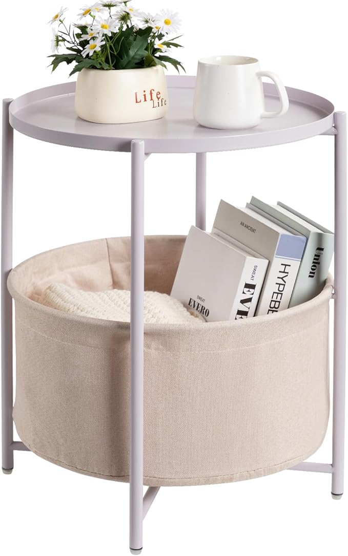 danpinera Round Side Table with Fabric Storage Basket, Metal Side Table Small Bedside Nightstand with Removable Tray Top for Living Room, Bedroom, Nursery, Laundry, Light Violet