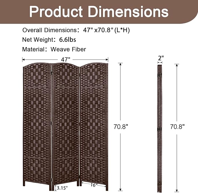 Rose Home Fashion 6 ft Tall Room Divider, Room Dividers and Folding Privacy Screens, 15.7in Privacy Screen 3 Panel Partition Temporary Wall Separation for Private, Brown