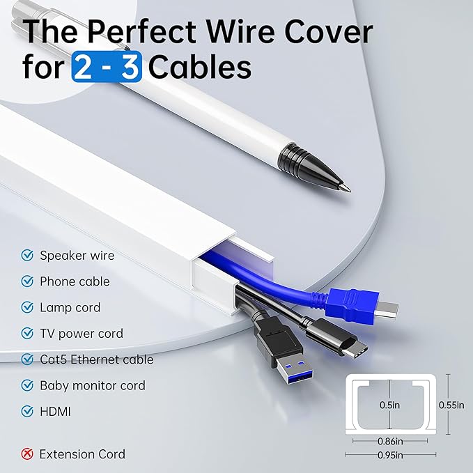 Delamu Cable Hider, 315in Cord Covers for Wires on Wall, One-Cord Cord Hider, Paintable Wire Hiders Wire Covers for Cords, Cable Management for Hiding 2-3 Wires, 20x L15.7 W0.95 H0.55in, White