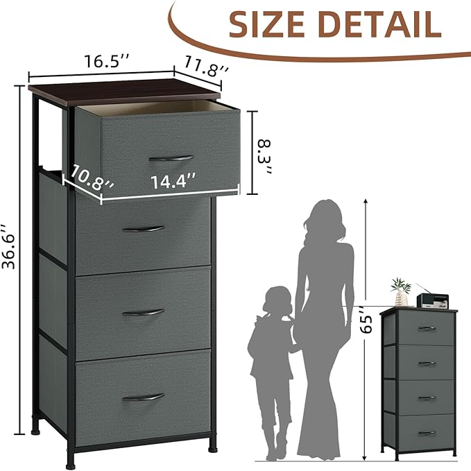 Somdot Tall Dresser for Bedroom, 4 Drawer Storage Organizer Chest of Drawers with Removable Fabric Bins for Living Room Closet Bedside Nursery Laundry Entryway Hallway, Charcoal Grey