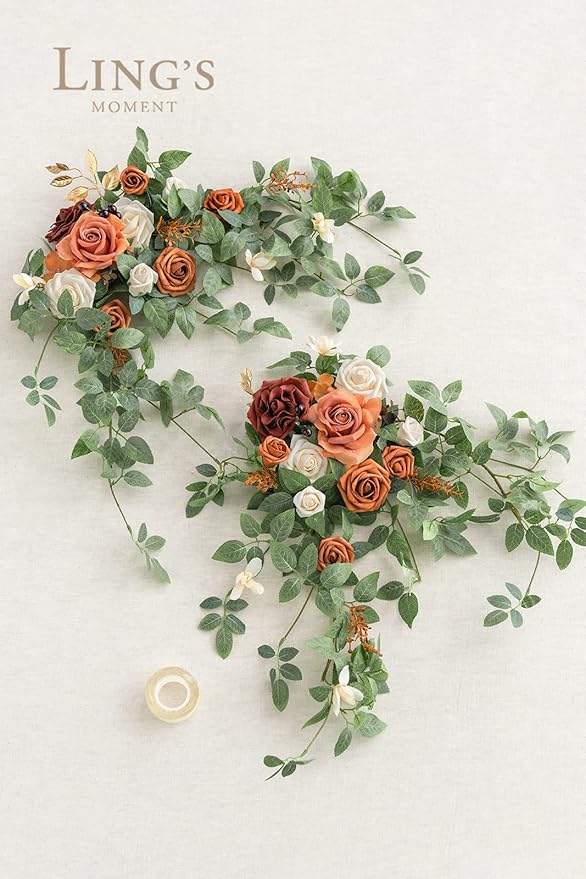 Ling's moment 2PCS Terracotta Arch Flowers Artificial Floral Swags Centerpieces Wedding Decor Mantel Faux Burnt Orange Rose Garland Arrangements for DIY Sweetheart Table Wall Window Welcome Signs