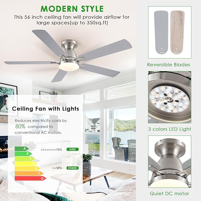 Ceiling Fans with Lights, 56" Flush Mount Ceiling Fan with Light and Remote/APP Control, Low Profile, Modern Ceiling Fan Reversible, Dimmable, Noiseless, Brushed Nickel for Bedroom