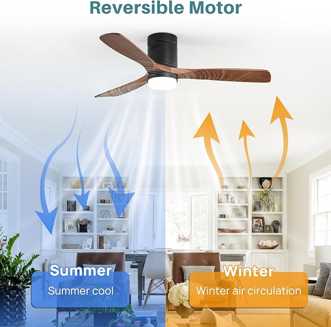 Sofucor 52 Inch Smart Ceiling Fans with Lights-Flush Mount Low Profile Modern Outdoor Solid Wood Ceiling Fans with Alexa/Google Assistant/APP/Remote Control for Bedroom/Farmhouse/Patio, Brown Black