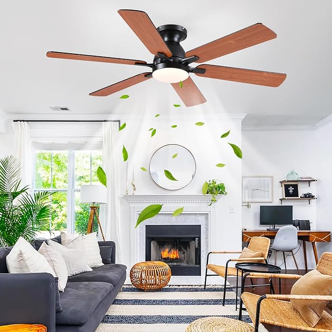 Ceiling Fans with Lights- 52" Low Profile Indoor Ceiling Fan with Light and Remote/APP Control, Flush Mount, 6 Blade, LED Dimmable DC Reversible Modern Ceiling Fan for Bedroom（Brown）