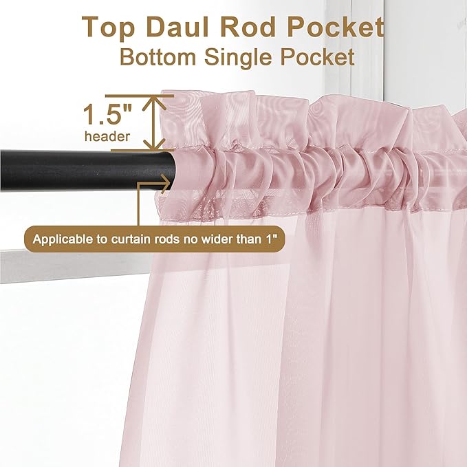 Chyhomenyc Blush Pink Sheer Curtains 30 inch Length 2 Panels, Light Filtering Voile Rod Pocket Short Window Curtians for Bathroom Living Room Farmhouse Small Windows, 42Wx30L inches