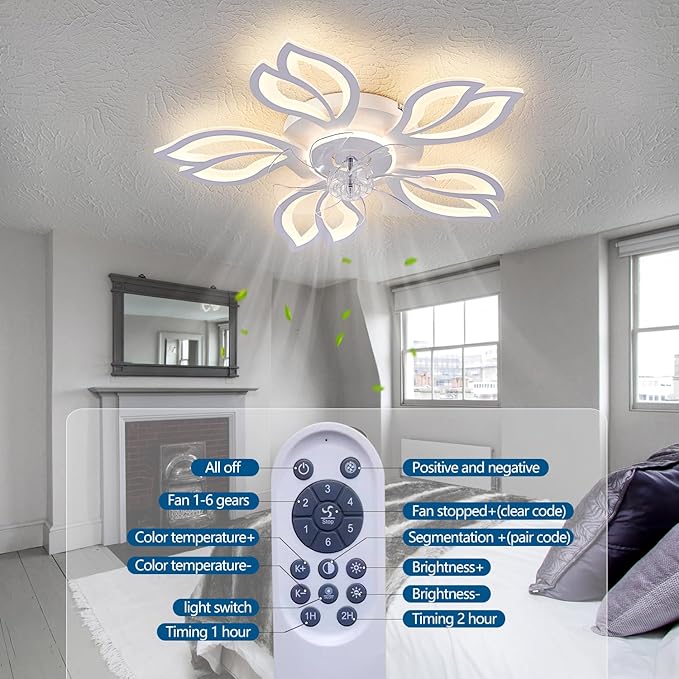 Ceiling Fan with Lights Remote Control, 26" White Low Profile Ceiling Fan with Light, Modern Leaf Geometric Flush Mount Ceiling Fan for Kitchen Bedroom