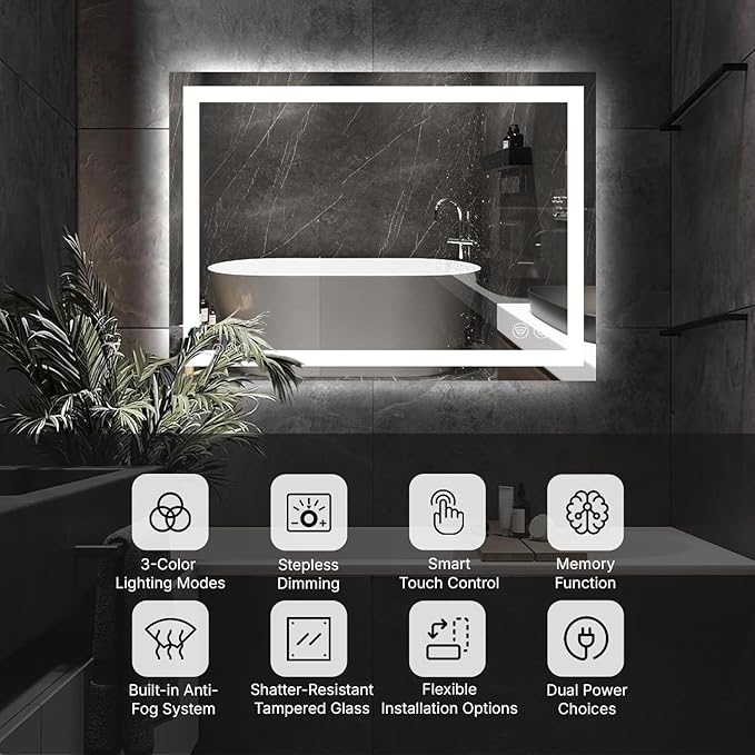 48 x 28 LED Bathroom Mirror with Lights, Lighted Bathroom Vanity Mirror for Wall, Espejos para Baños, Frontlit & Backlit, Anti-Fog, Shatterproof, 3 Adjustable Color Temperatures & Memory Function