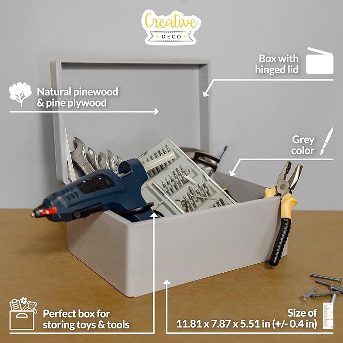 Large Grey Wooden Box Storage with Hinged Lid | 11.8 x 7.87 x 5.51 inches (+-0.5) | Gift Box Storage | Product NOT Intended for 15 Years OR Below
