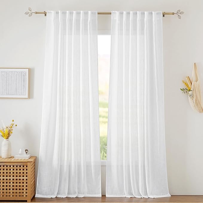 RYB HOME Semi Sheer Curtains 102 inches Long, Back Tab Light Filtering Half Privacy Window Curtains & Drapes for Bedroom Living Room, White, W 52 x L 102 inches, 2 Panels Set