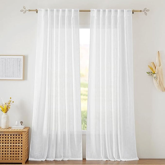 RYB HOME White Sheer Curtains for Bedroom, Semi Sheer Privacy Curtains & Drapes Linen Wave Texture Harsh Sunlight Filter for Hallway Window Guest Room Country House, 52 x 120 inches Long, 2 Panels