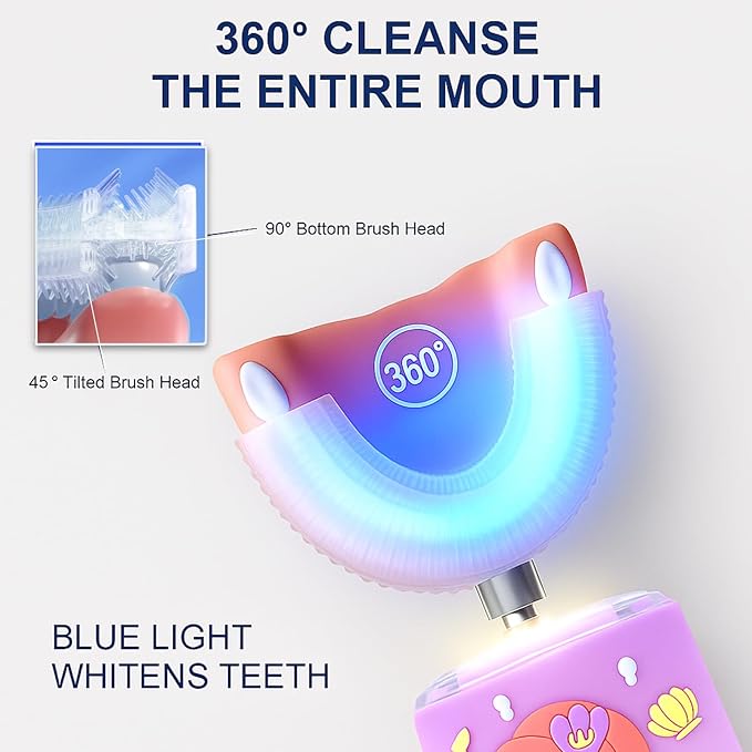 Kids Electric Toothbrush, U Shaped Toothbrush Kids Sonic Automatic Brush with Cup 5 Brush Head 6 Sonic Clean Modes IPX7 Waterproof Mermaid Design Rechargeable Smart Timer for Children 2-7